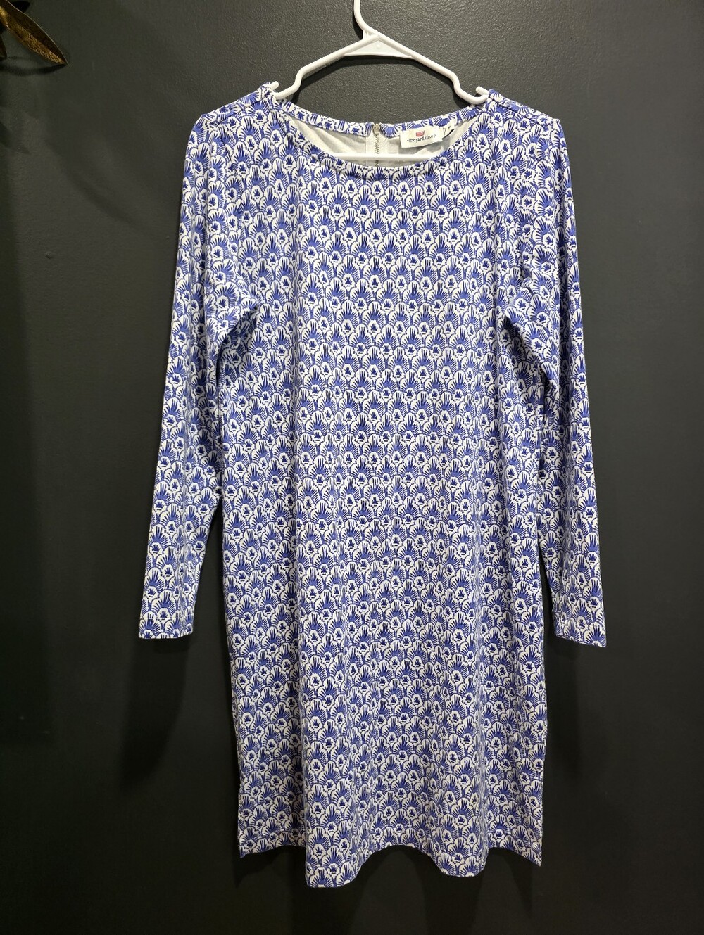 Vineyard Vines Dress Size M Blue White Jersey Stretch Patterned Long Sleeve Midi
